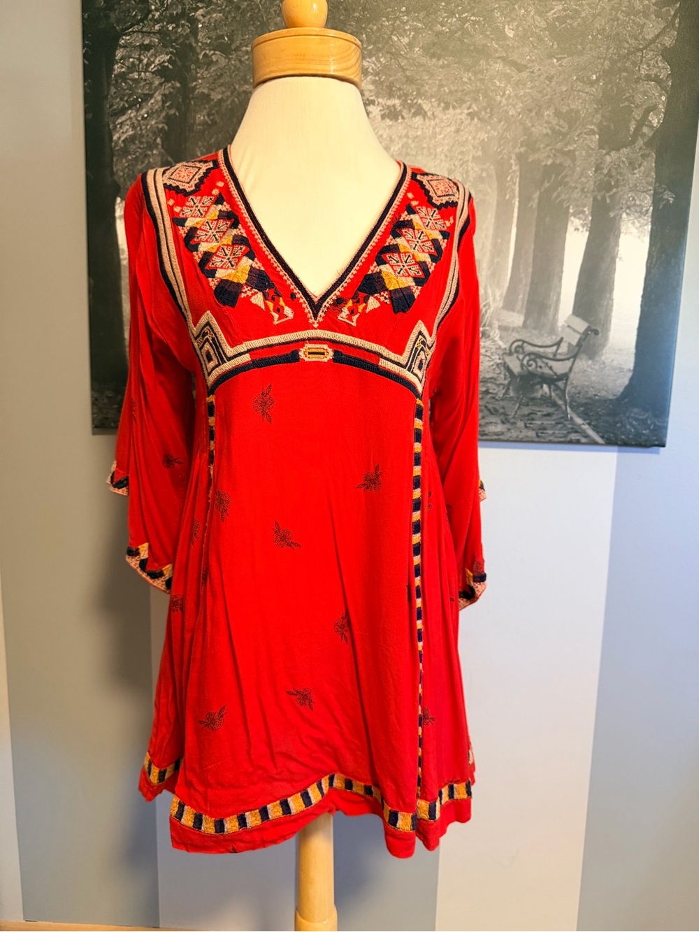 Free People Red Embroidered V-Neck Tunic with Navy and Yellow Trim